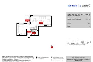 Rzut - Mieszkanie na sprzedaż 1 pokój o powierzchni 42,17 m² - numer WR3 1/4/7/1a w Przystań Reymonta etap II
