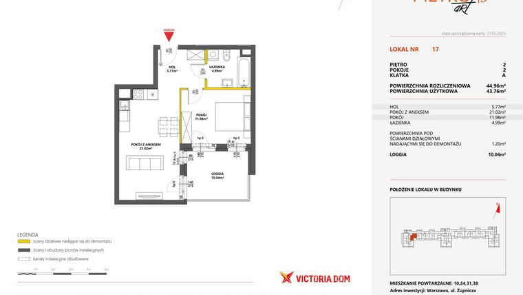 Rzut - Mieszkanie na sprzedaż 2 pokoje o powierzchni 44,96 m² - numer 17 w Metro Art 13