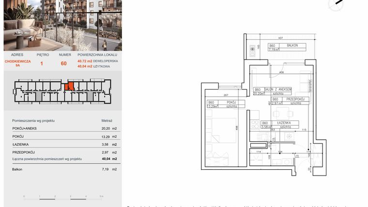 Rzut - Mieszkanie na sprzedaż 1 pokój o powierzchni 40,04 m² - numer B60 w Symfonia - Chodkiewicza 9