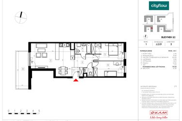 Rzut - Mieszkanie na sprzedaż 3 pokoje o powierzchni 74,22 m² - numer J.2.01 w CityFlow etap II