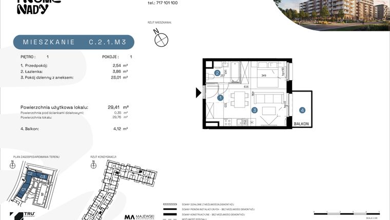 Rzut - Mieszkanie na sprzedaż 1 pokój o powierzchni 29,6 m² - numer C.2.1.M3 w Nowe Promenady etap II