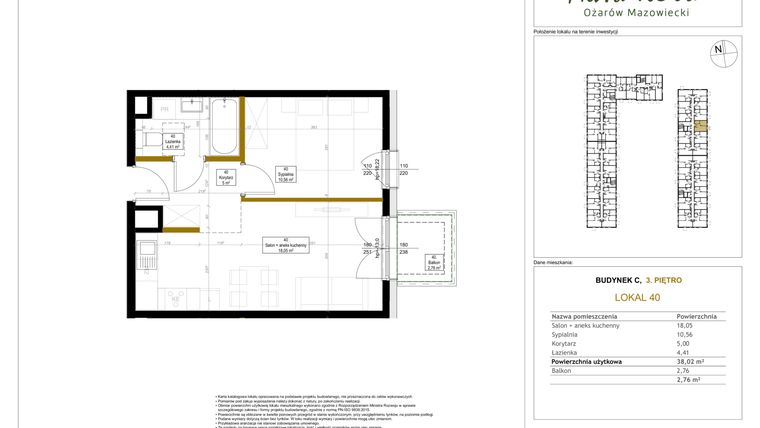 Rzut - Mieszkanie na sprzedaż 2 pokoje o powierzchni 38,02 m² - numer 40 w Aura Nova etap II
