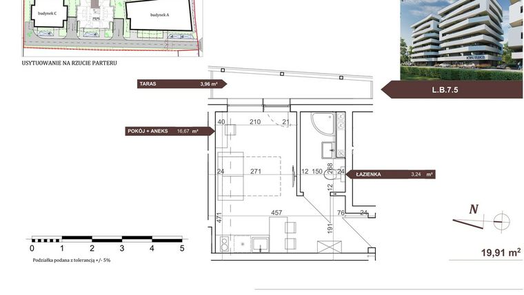 Rzut - Mieszkanie na sprzedaż 1 pokój o powierzchni 19,91 m² - numer L.B.7.5 w Royal Studios Smart Apartments etap 2