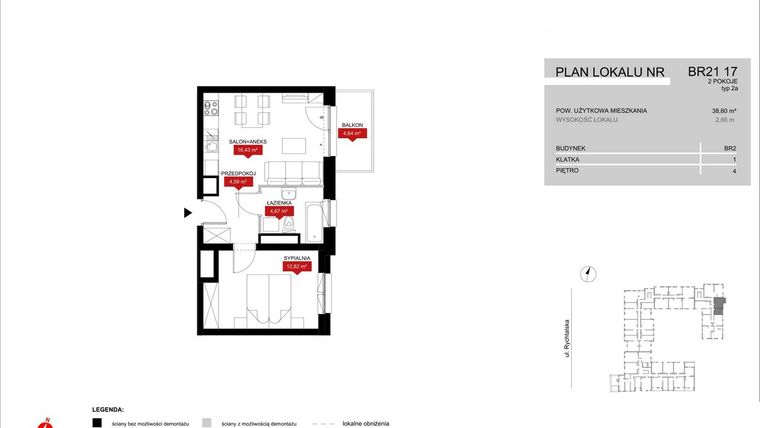 Rzut - Mieszkanie na sprzedaż 2 pokoje o powierzchni 38,51 m² - numer BR21/17 w Browary Wrocławskie 2