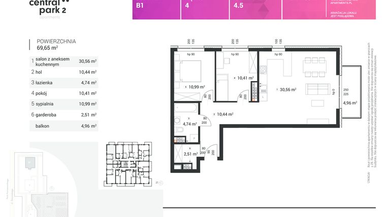 Rzut - Mieszkanie na sprzedaż 3 pokoje o powierzchni 69,65 m² - numer B1.4.5 w Central Park Apartments 2