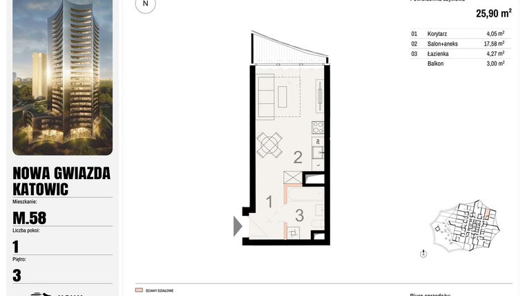Rzut - Mieszkanie na sprzedaż 1 pokój o powierzchni 25,9 m² - numer M.58 w Nowa Gwiazda
