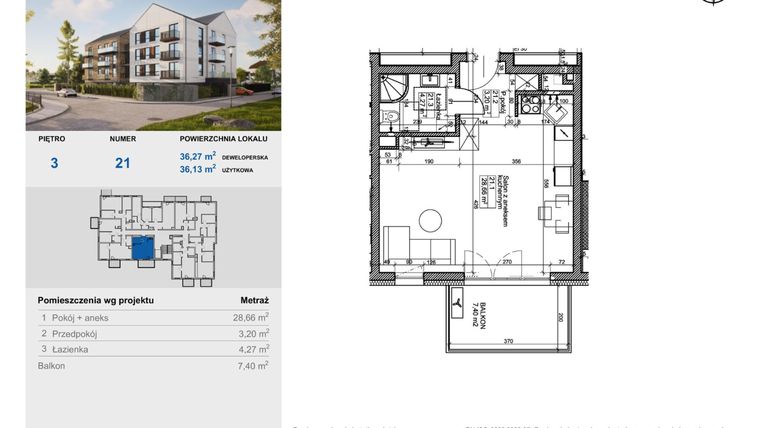 Rzut - Mieszkanie na sprzedaż 1 pokój o powierzchni 36,13 m² - numer 21 w Balantia