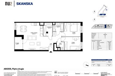 Rzut - Mieszkanie na sprzedaż 3 pokoje o powierzchni 75,07 m² - numer AB0205 w NU2 Warszawa Wola