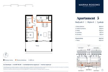 Rzut - Mieszkanie na sprzedaż 2 pokoje o powierzchni 43,21 m² - numer 5 w Apartamenty Marina Rogowo