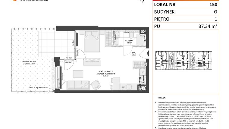 Rzut - Mieszkanie na sprzedaż 1 pokój o powierzchni 37,34 m² - numer G.150 w DOKI etap II (bud. G)
