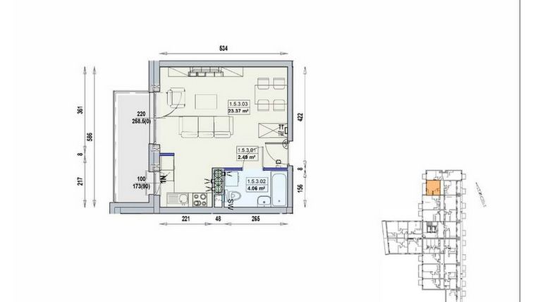 Rzut - Mieszkanie na sprzedaż 1 pokój o powierzchni 29,92 m² - numer 1/5/3/1a w Gwarna