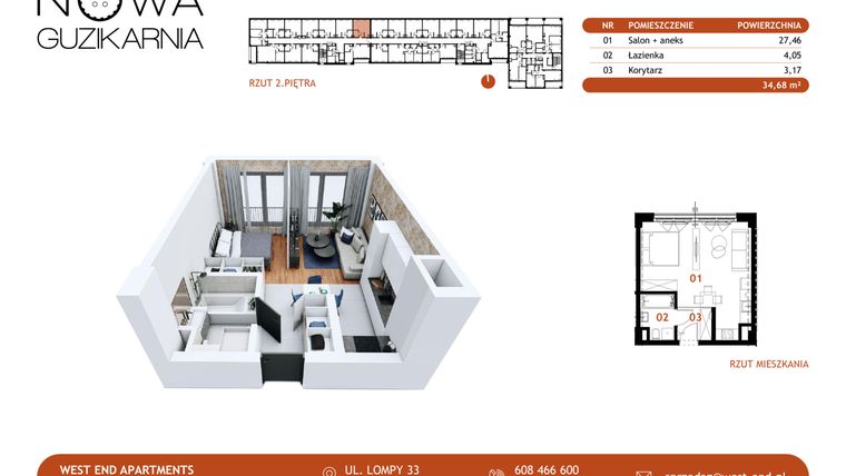 Rzut - Mieszkanie na sprzedaż 1 pokój o powierzchni 34,68 m² - numer B2.2.21 w Nowa Guzikarnia