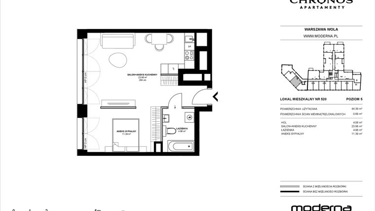 Rzut - Mieszkanie na sprzedaż 2 pokoje o powierzchni 44,39 m² - numer 520 w Chronos etap II