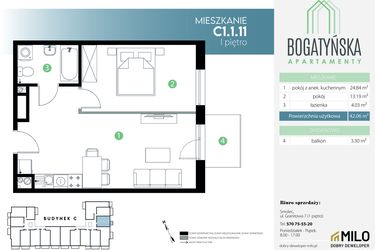Rzut - Mieszkanie na sprzedaż 2 pokoje o powierzchni 42,06 m² - numer C1.1.11 w Bogatyńska Apartamenty etap 3