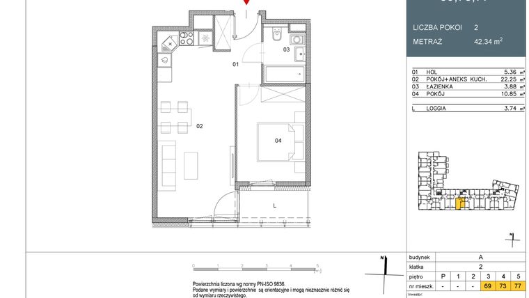 Rzut - Mieszkanie na sprzedaż 2 pokoje o powierzchni 42,34 m² - numer 69 w Morwowa 5