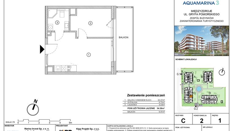 Rzut - Mieszkanie na sprzedaż 2 pokoje o powierzchni 34,25 m² - numer C2.12 w Aquamarina 3