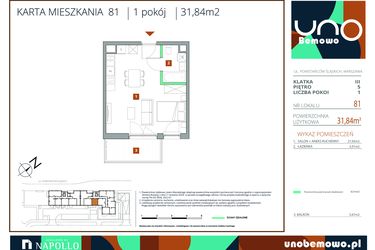 Rzut - Mieszkanie na sprzedaż 1 pokój o powierzchni 31,84 m² - numer 81 w UNO Bemowo