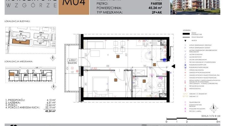 Rzut - Mieszkanie na sprzedaż 2 pokoje o powierzchni 45,24 m² - numer B2.4 w Koncertowe Wzgórze