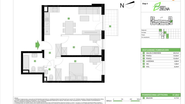 Rzut - Mieszkanie na sprzedaż 3 pokoje o powierzchni 57,2 m² - numer A.88 w Osiedle Zielna IV