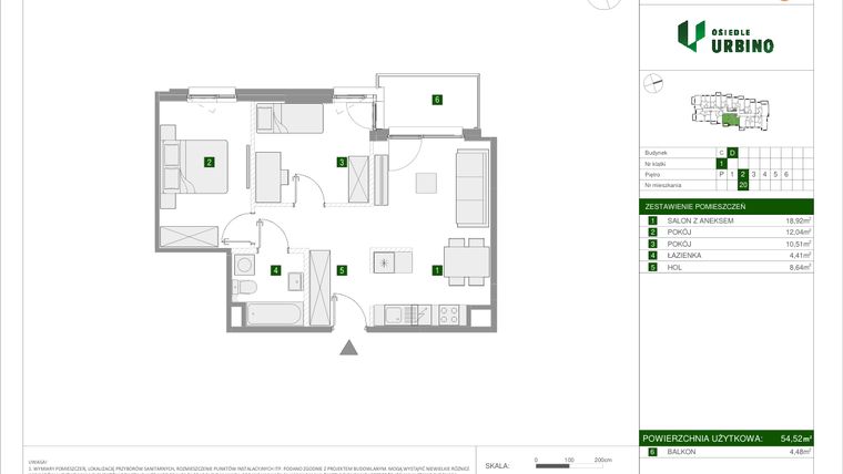 Rzut - Mieszkanie na sprzedaż 3 pokoje o powierzchni 54,52 m² - numer 2.2.D.20 w Osiedle Urbino etap II