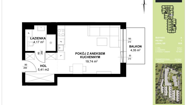 Rzut - Mieszkanie na sprzedaż 1 pokój o powierzchni 29,32 m² - numer A_M18 w Triton Kampinos III