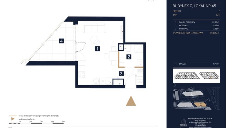 Rzut - Mieszkanie na sprzedaż 1 pokój o powierzchni 29,87 m² - numer C45 w Rezydencja Zegrze etap III