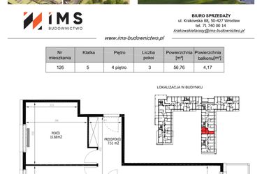 Rzut - Mieszkanie na sprzedaż 3 pokoje o powierzchni 56,65 m² - numer 126 w Krakowskie Tarasy etap V