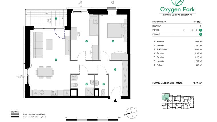 Rzut - Mieszkanie na sprzedaż 3 pokoje o powierzchni 64,65 m² - numer F.4.M01 w Oxygen Park etap III