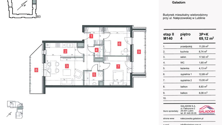 Rzut - Mieszkanie na sprzedaż 3 pokoje o powierzchni 69,12 m² - numer M-140 w Nałęczowska etap II