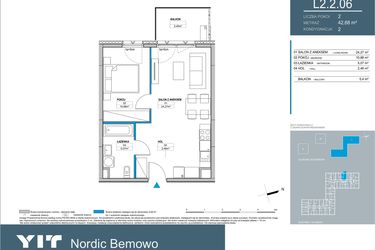 Rzut - Mieszkanie na sprzedaż 2 pokoje o powierzchni 42,69 m² - numer L2.2.06 w Nordic Bemowo - etap III