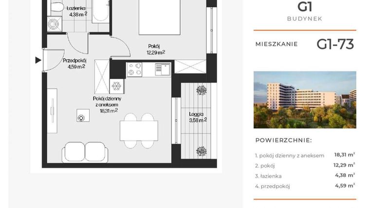 Rzut - Mieszkanie na sprzedaż 2 pokoje o powierzchni 39,57 m² - numer G1-73 w Piasta Park VI