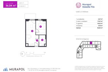 Rzut - Mieszkanie na sprzedaż 2 pokoje o powierzchni 36,04 m² - numer 2.C.2.05 w Murapol Osiedle Filo etap II