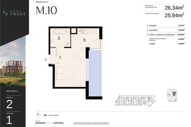 Rzut - Mieszkanie na sprzedaż 1 pokój o powierzchni 26,34 m² - numer D - M.10 w Dzielnica Trust - etap I
