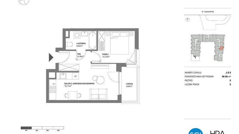 Rzut - Mieszkanie na sprzedaż 2 pokoje o powierzchni 38,95 m² - numer J.5.5 w Łopuszańska 47 - etap 3