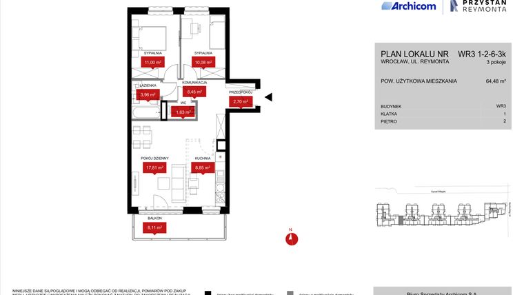 Rzut - Mieszkanie na sprzedaż 3 pokoje o powierzchni 64,48 m² - numer WR3 1/2/6/3k w Przystań Reymonta etap II