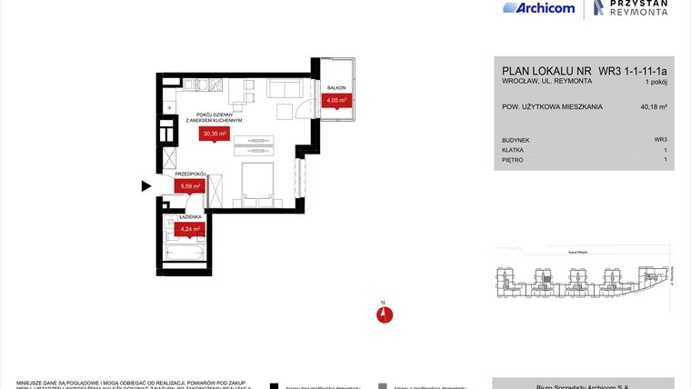 Rzut - Mieszkanie na sprzedaż 1 pokój o powierzchni 40,18 m² - numer WR3 1/1/11/1a w Przystań Reymonta etap II