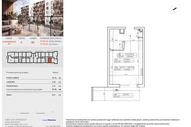 Rzut - Mieszkanie na sprzedaż 1 pokój o powierzchni 27,18 m² - numer B88 w Symfonia - Chodkiewicza 9