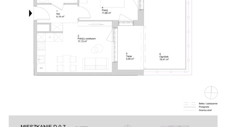 Rzut - Mieszkanie na sprzedaż 2 pokoje o powierzchni 37,72 m² - numer D.0.7 w ATAL Parkowa