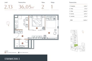 Rzut - Mieszkanie na sprzedaż 1 pokój o powierzchni 36,05 m² - numer 2.13 w Starowiejska 3