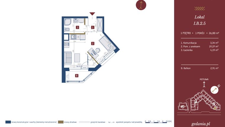 Rzut - Mieszkanie na sprzedaż 1 pokój o powierzchni 26,8 m² - numer I.B.2.5 w GEDANIA Riverside Living - apartamenty inwestycyjne