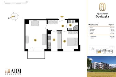 Rzut - Mieszkanie na sprzedaż 2 pokoje o powierzchni 47,42 m² - numer M16 w Apartamenty Opolczyka