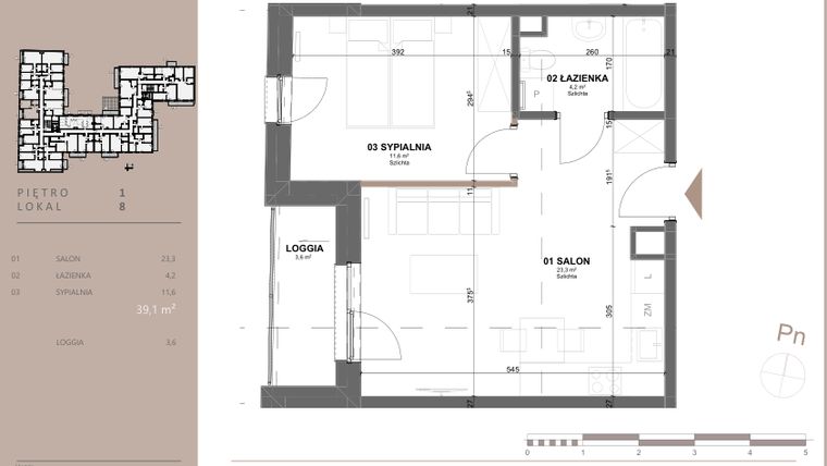 Rzut - Mieszkanie na sprzedaż 2 pokoje o powierzchni 39,1 m² - numer 8 w BETWEEN