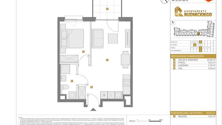Rzut - Mieszkanie na sprzedaż 2 pokoje o powierzchni 38,52 m² - numer D.78 w Apartamenty Rudnickiego