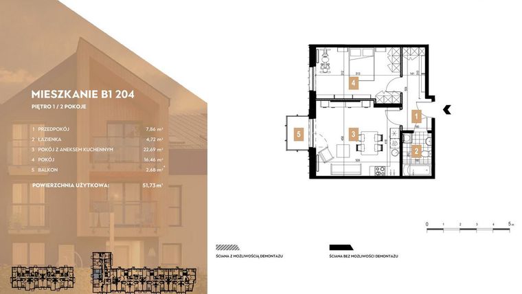 Rzut - Mieszkanie na sprzedaż 2 pokoje o powierzchni 51,73 m² - numer B1.204 w MOTTO Wojnów