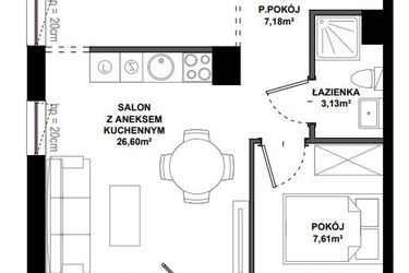 Rzut - Mieszkanie na sprzedaż 2 pokoje o powierzchni 46,3 m² - numer A.114 w Apartamenty Bałtyk