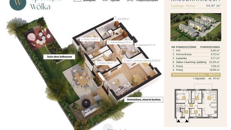 Rzut - Mieszkanie na sprzedaż 3 pokoje o powierzchni 54,97 m² - numer C3/1 w Spokojna Wólka etap IV