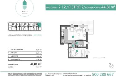 Rzut - Mieszkanie na sprzedaż 2 pokoje o powierzchni 44,81 m² - numer 04.2.12 w Port Jastarnia bud. 01, 04