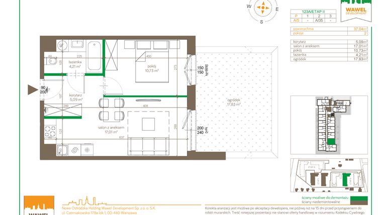 Rzut - Mieszkanie na sprzedaż 2 pokoje o powierzchni 37,01 m² - numer A/5 w Ostródzka 123 - II etap