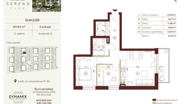 Rzut - Mieszkanie na sprzedaż 3 pokoje o powierzchni 60,92 m² - numer G.M.2.05 w Sereno Park