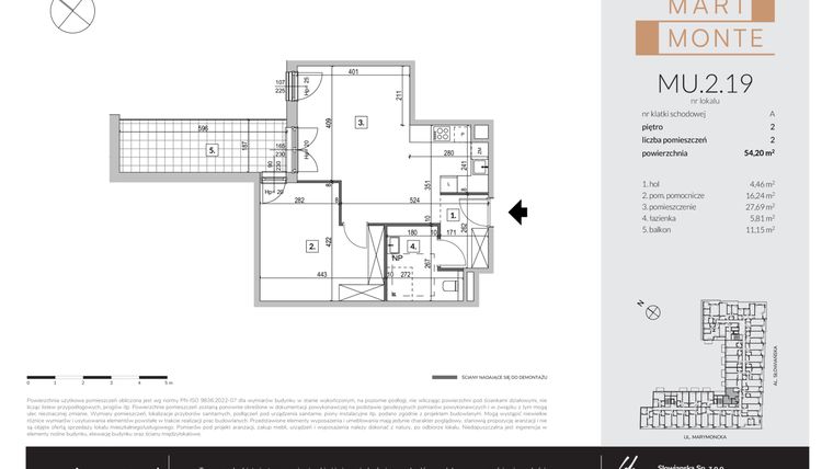 Rzut - Mieszkanie na sprzedaż 2 pokoje o powierzchni 54,2 m² - numer MU.2.19 w Marimonte - apartamenty inwestycyjne